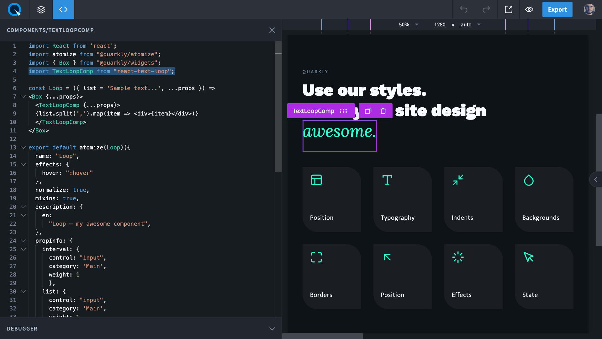Quarkly Features for Developers. Quarkly interface featuring open code editor, selected component and highlighted NMP module import