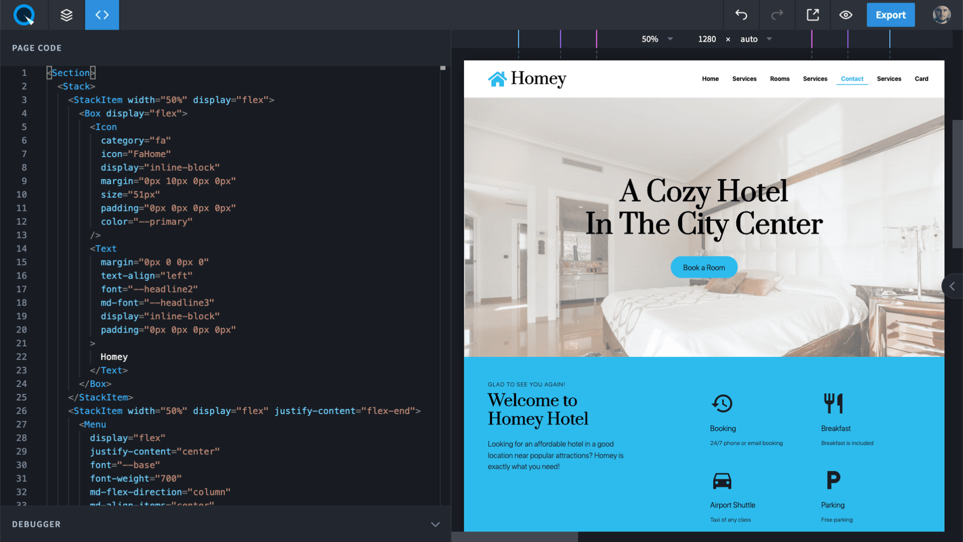 Quarkly Features for Developers. Quarkly interface featuring open code editor on the left and page on the right